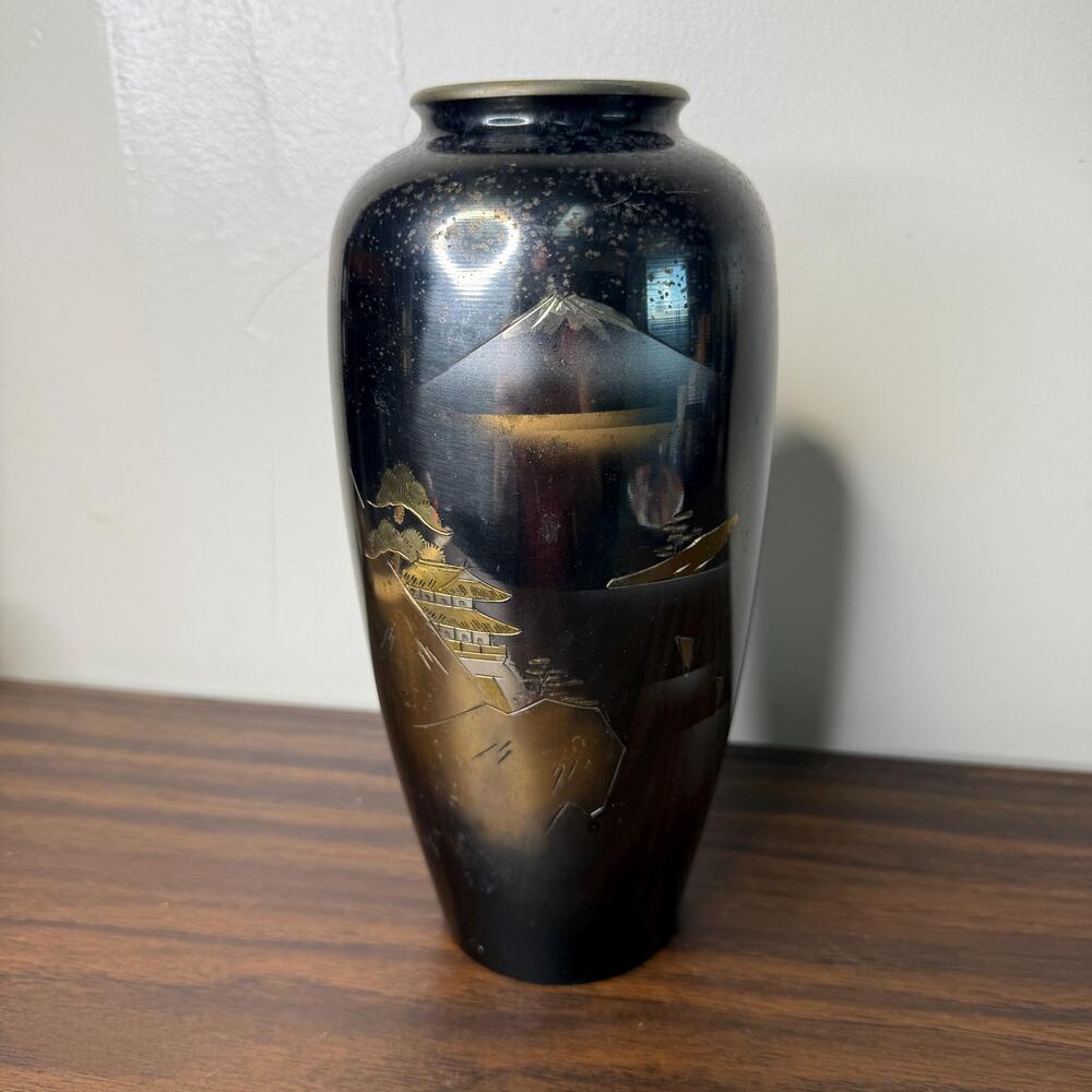 Vintage Japanese Vase Metal Etched Gilt Mountain Valley